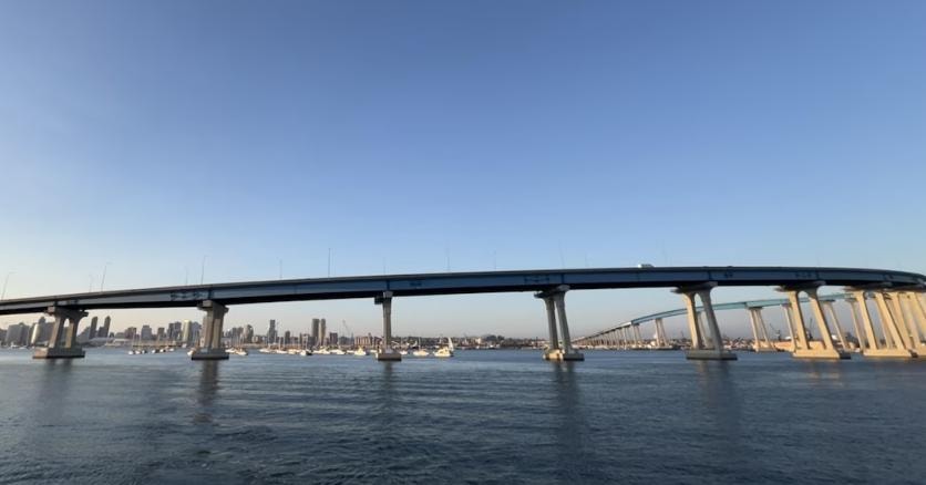 Coronado Bridge spanning San Diego Bay — view from private yacht charter on the water