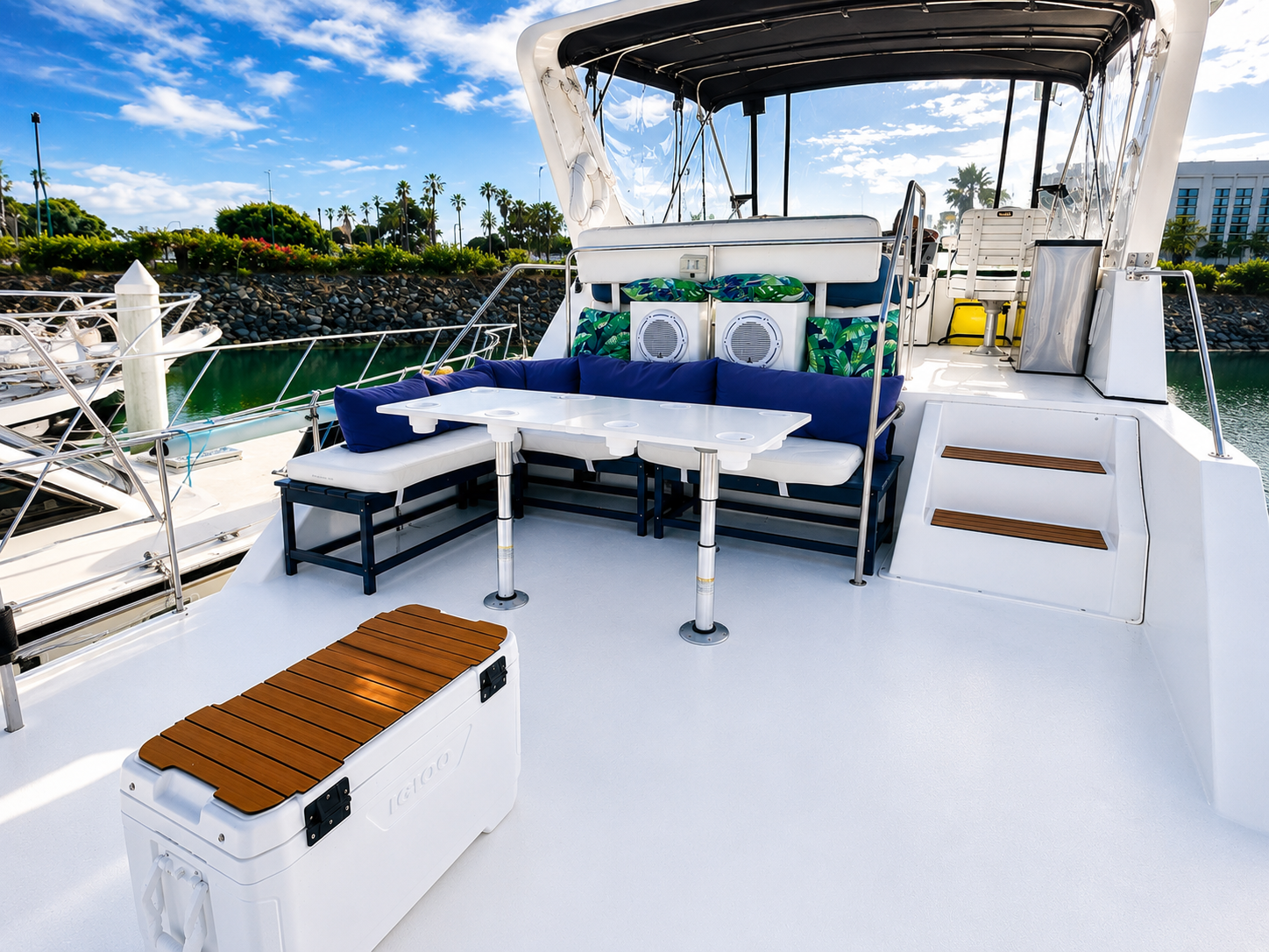 Private boat rental San Diego — women on party boat deck at San Diego harbor