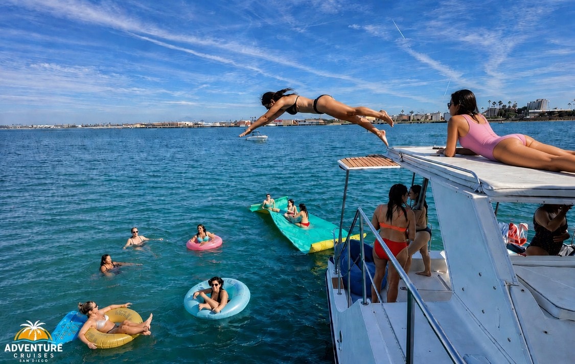 Boat rental San Diego — guest jumping off private yacht into San Diego Bay during anchor and swim cruise