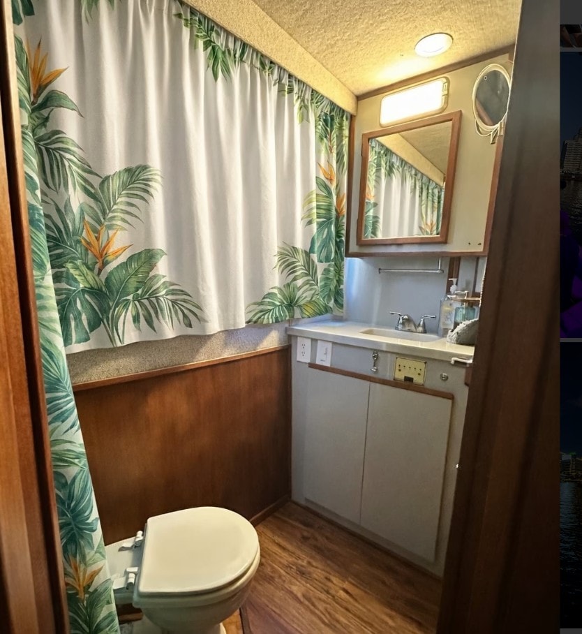 Private boat rental San Diego — onboard restroom on the Paradise Party Yacht private charter