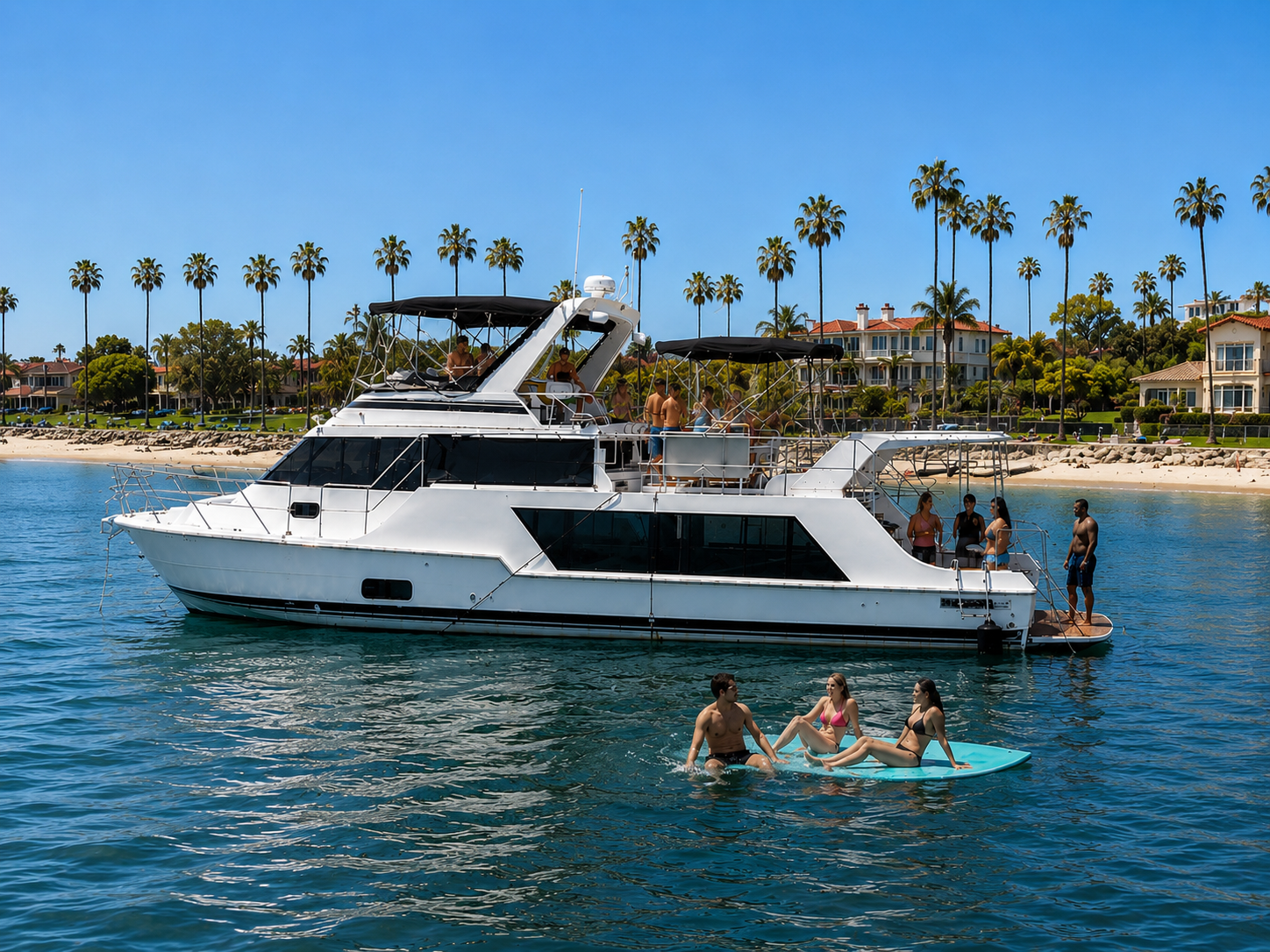 Boat rental San Diego — lily pad float beside private yacht anchored at Coronado Island on San Diego Bay