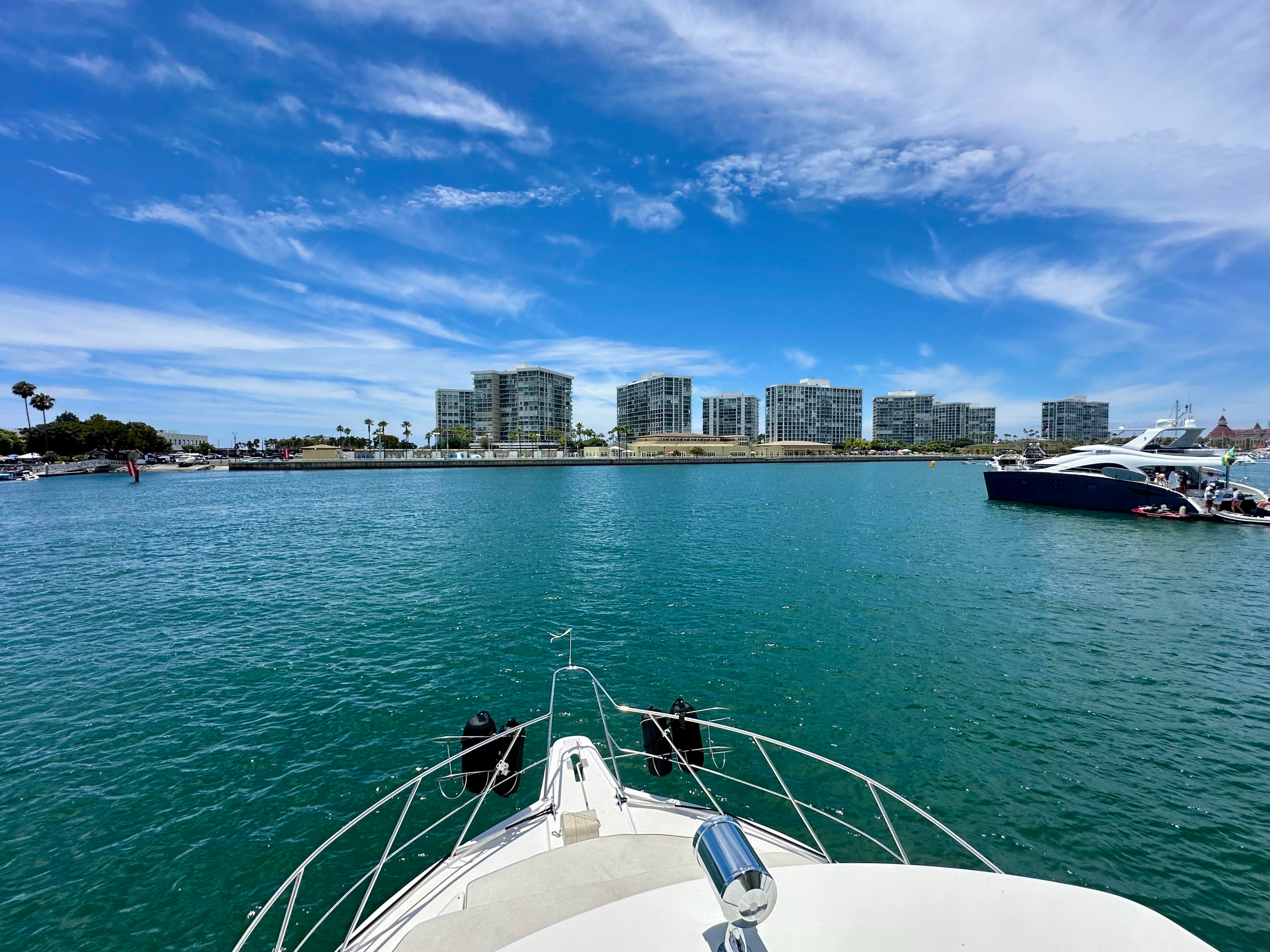 San Diego Bay cruise — view from private yacht bow cruising Glorietta Bay near Coronado Island