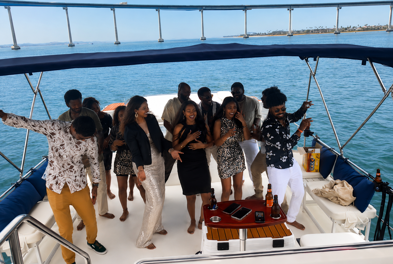Group of friends celebrating on private yacht charter on San Diego Bay with Coronado Bridge in background