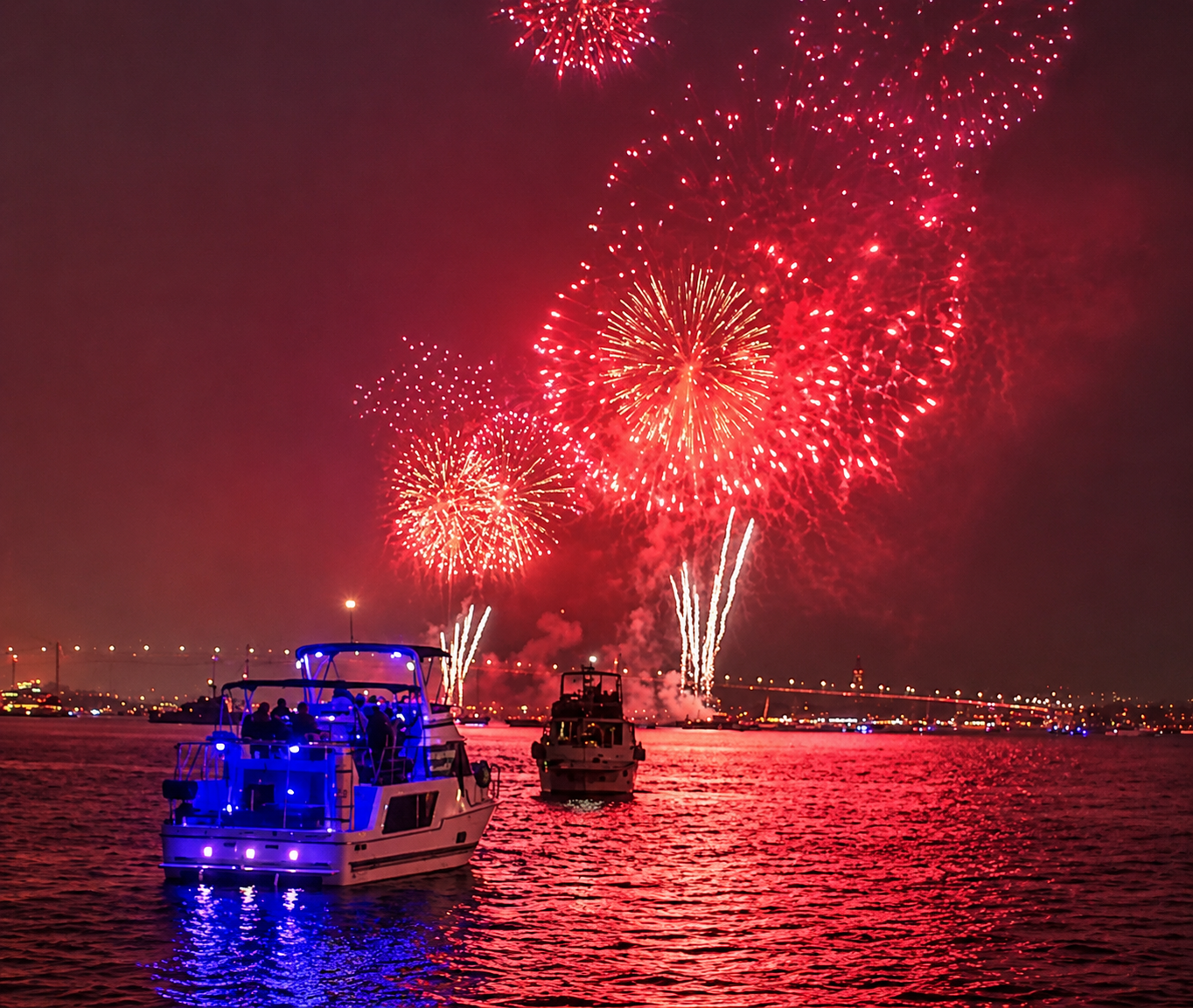 Fireworks over San Diego Bay from private yacht charter — Fourth of July boat party celebration