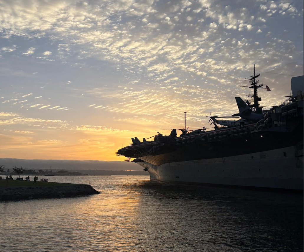 USS Midway aircraft carrier at sunset on San Diego Bay