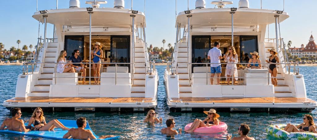 Two luxury yachts side by side in Glorietta Bay, Coronado