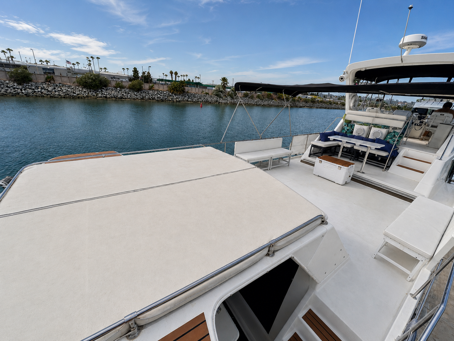 Yacht bow deck San Diego — large sunpad and open forward deck on the Paradise private charter boat