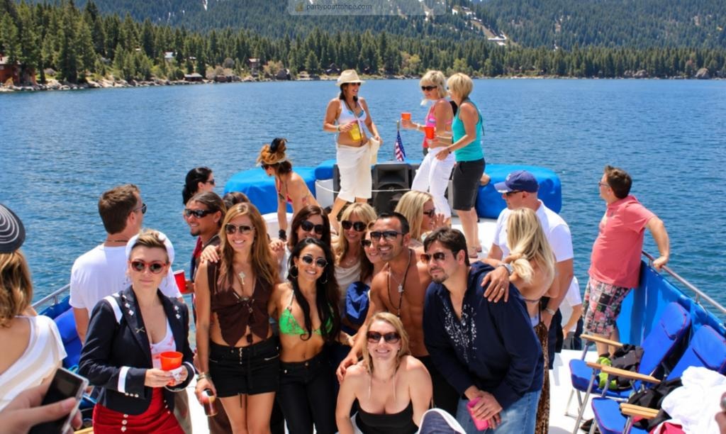 Party guests celebrating on the deck of The Party Boat on Lake Tahoe