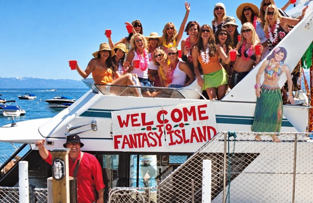 Welcome to Fantasy Island — bachelorette group celebrating on The Party Boat Lake Tahoe